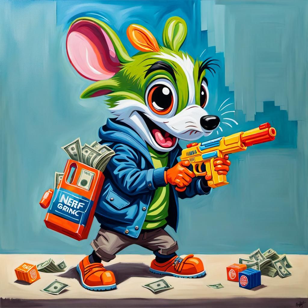 Humorous Bank Robbery with Nerf Gun in Oil Painting Style