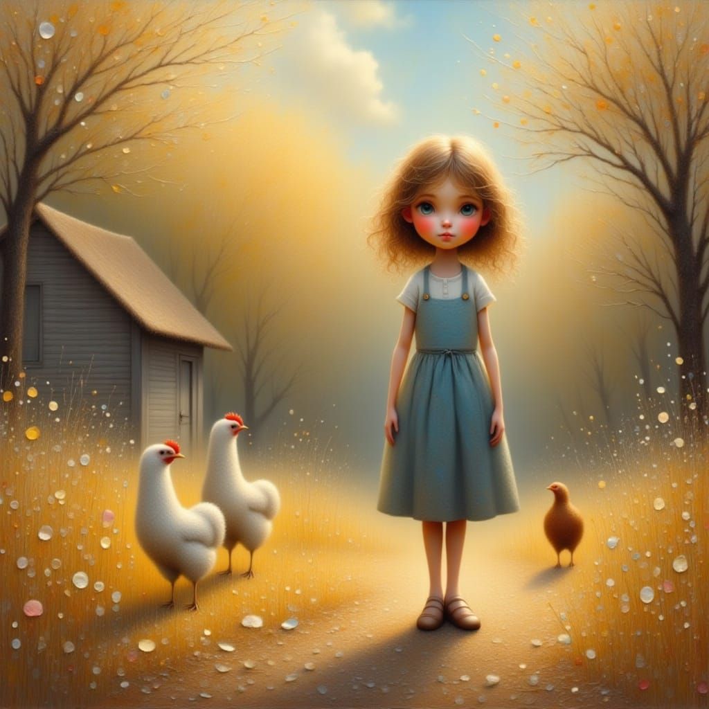 Young Girl in Sun-Drenched Farmyard Airbrush Art