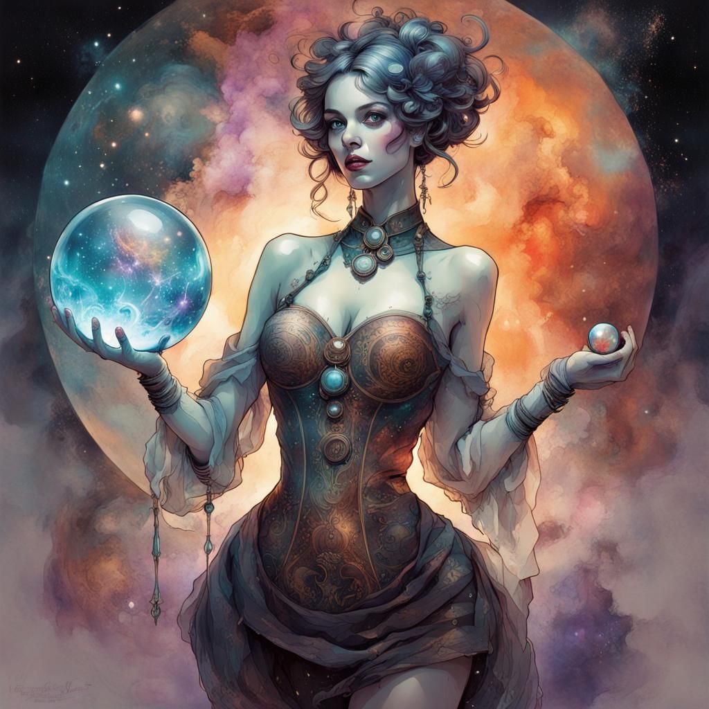 Woman Holding Galaxy Orb: Dark Fantasy Art