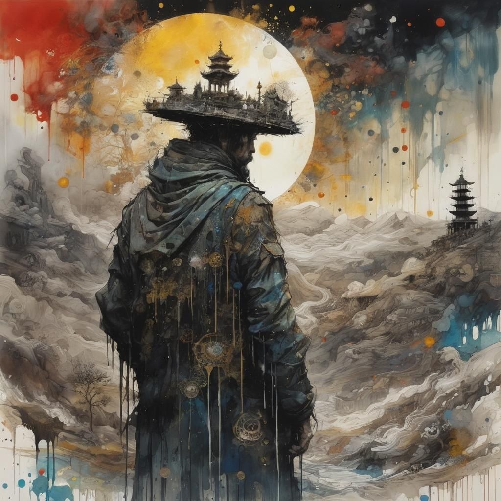 Whimsical Fool on the Hill: Encaustic Fantasy Illustration