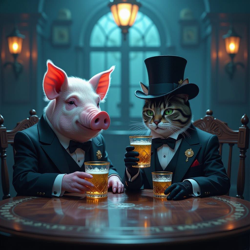 Pig and Cat Drinking Cachaça in Mystical Hospital