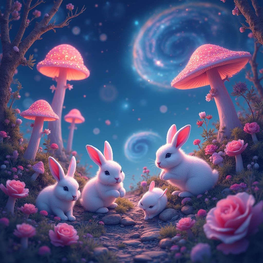 Cosmic Bunnies in Whimsical Astral Landscape