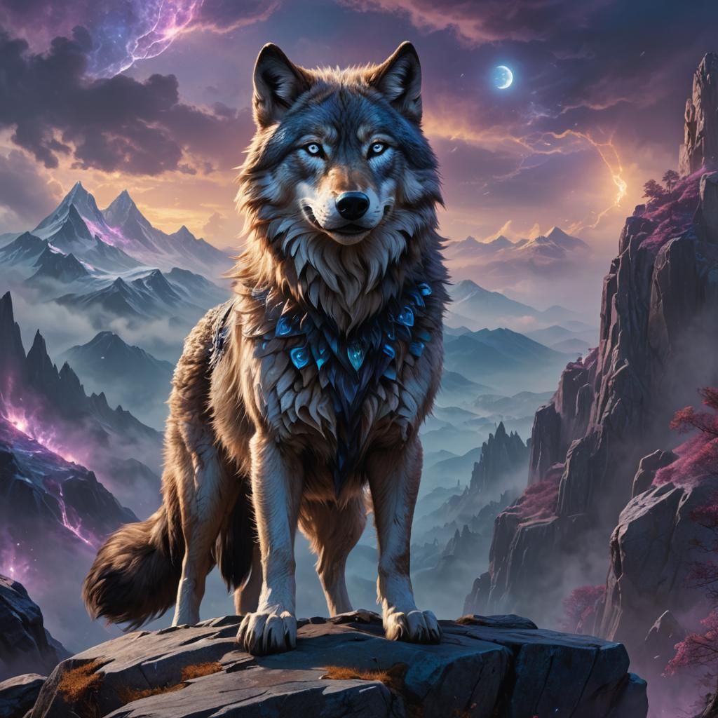 Mystical Wolf on Misty Peak in Fantasy Art Style