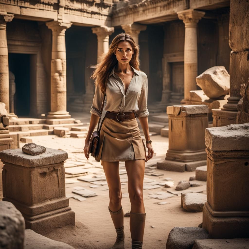 stunning model girl archeologist in short skirt walks through an ancient city
