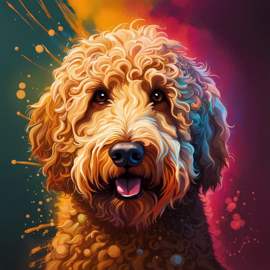 Hyperrealistic Golden Doodle Splash Art Portrait