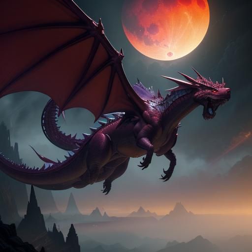 Red Dragon Soaring Under Lightning Moon, Dark Fantasy Art
