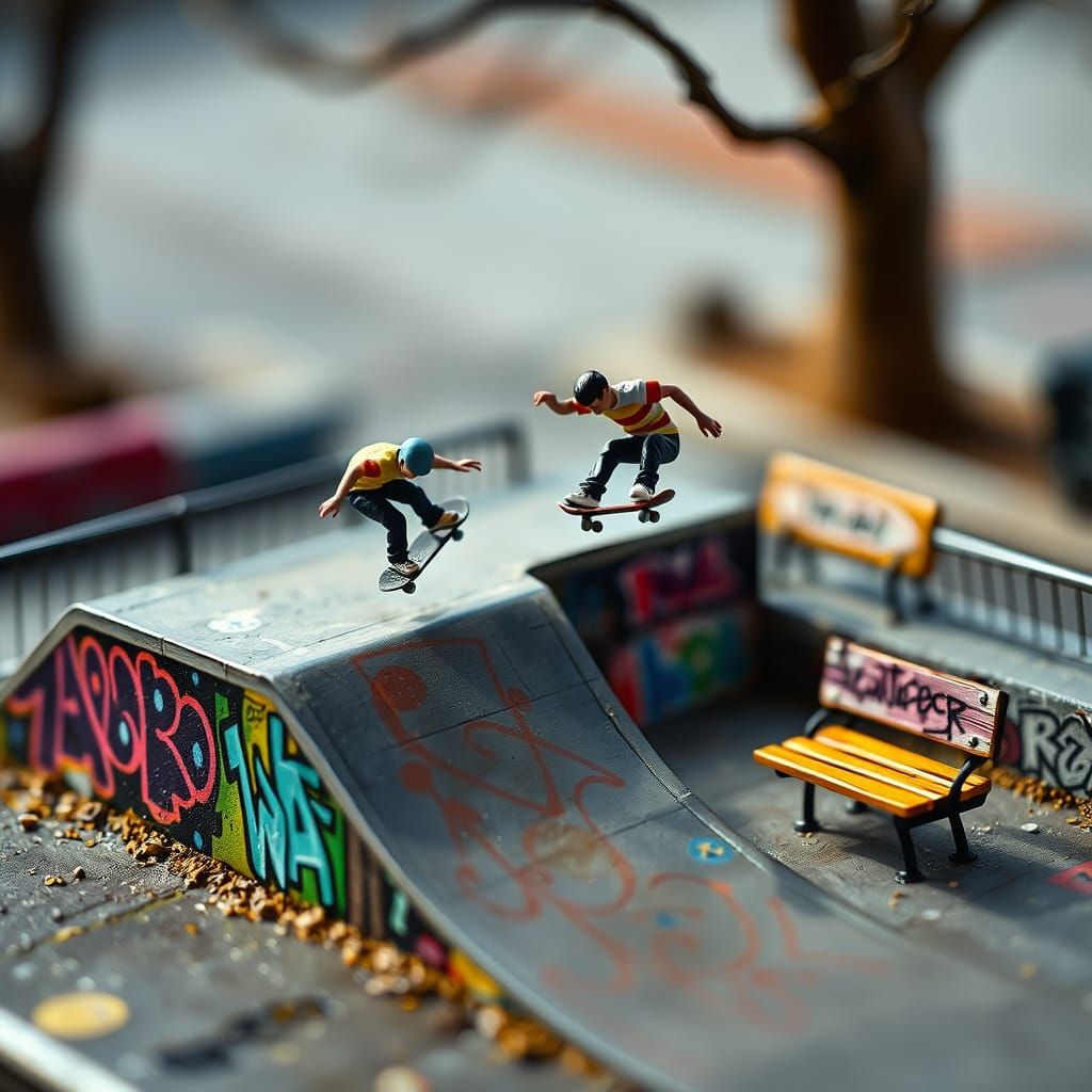 Hyperrealistic Matchbox Skatepark with Miniature Skaters
