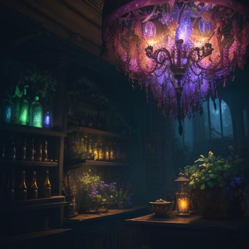 Glowing Magical Bottles on Shelf: Fantasy Concept Art