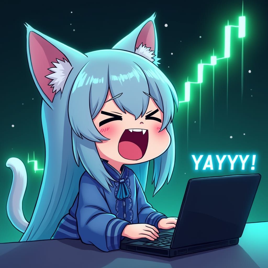 Chibi Catgirl Celebrates Stock Trading Success in Synthwave ...