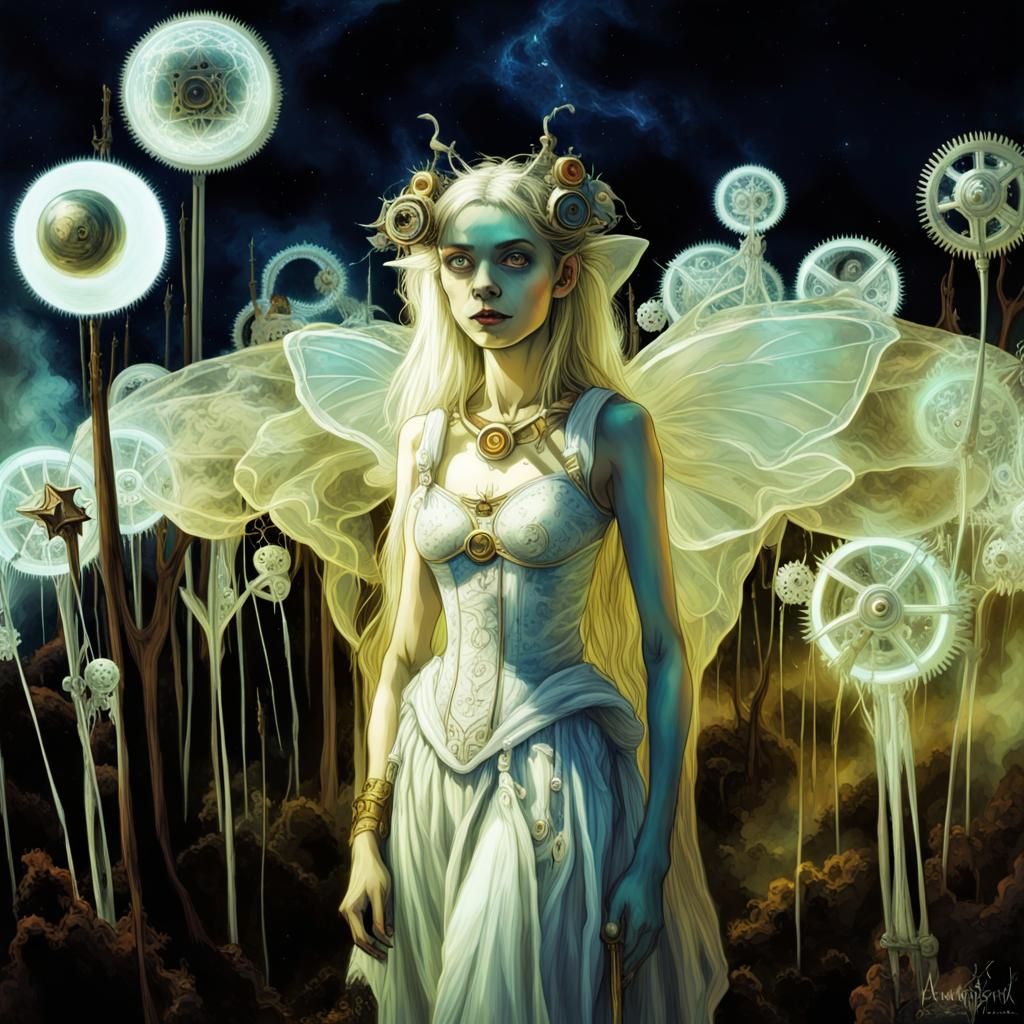 Steampunk fairy with mechanical magic,  humanoid fairy creatures, shadow , protectors seen in shadows, Tim Burton ,Brian...