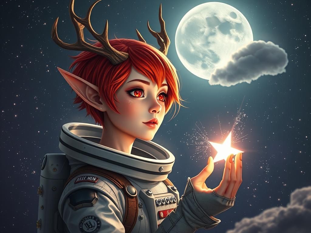 Redhead Elf Astronaut Among Stars in Cyberpunk Style