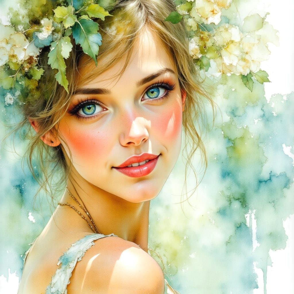 Beautiful Woman in Dreamy Watercolor Landscape