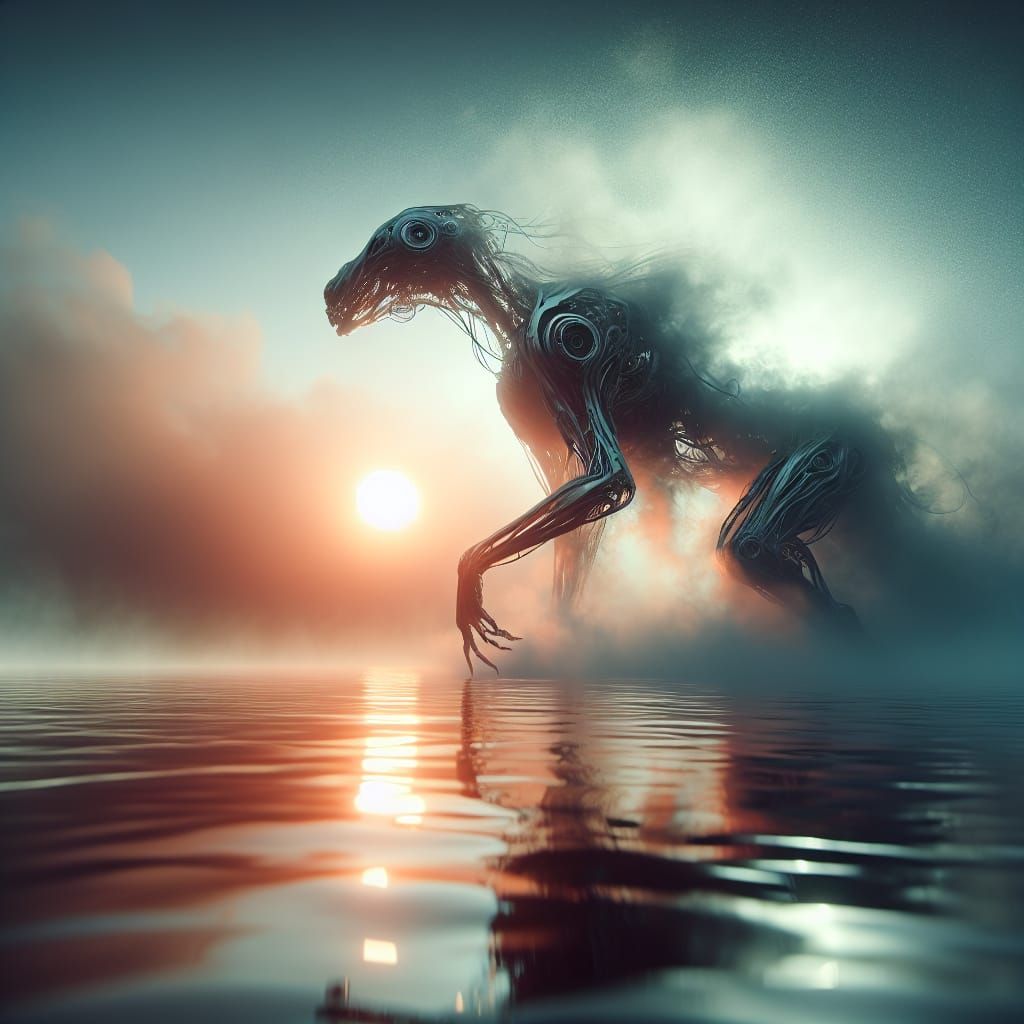Futuristic Creature Emerges from Foggy Lake at Sunset