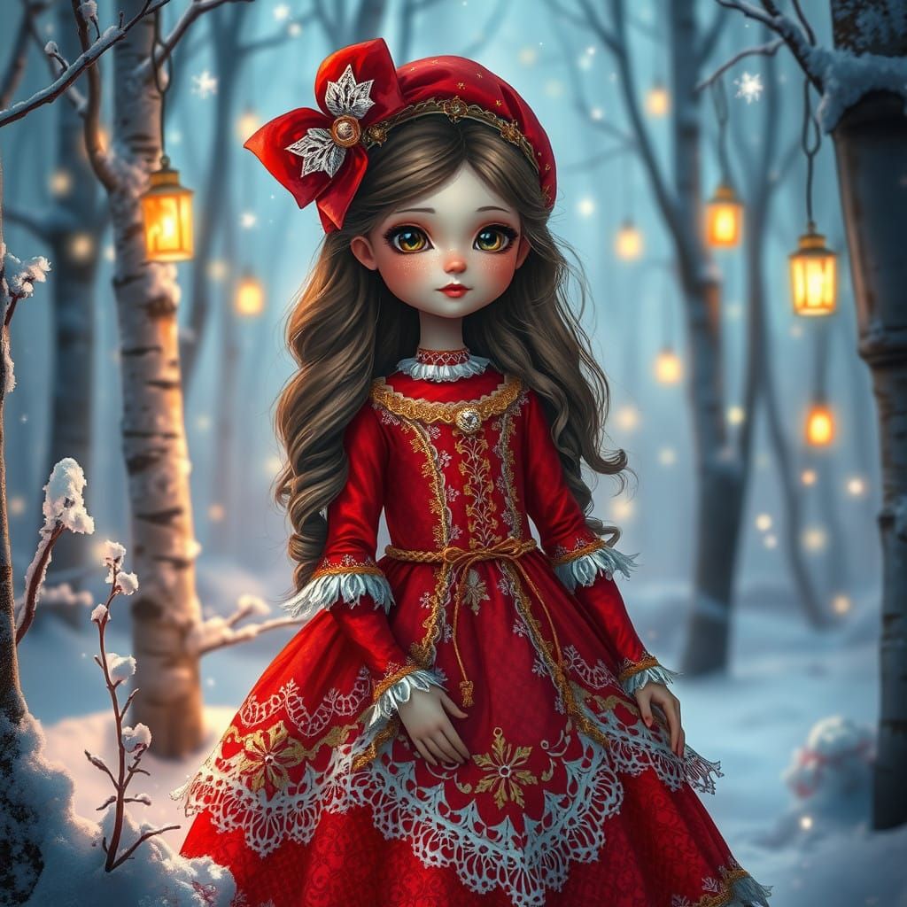 Whimsical Christmas Girl in Crimson Red Dress