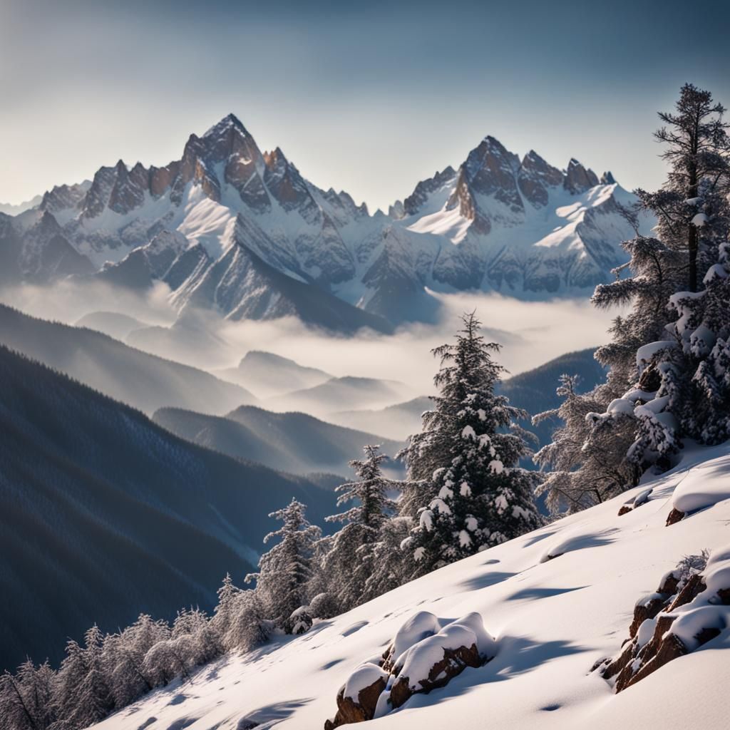 Majestic Snowy Mountain Peaks in Natural Light