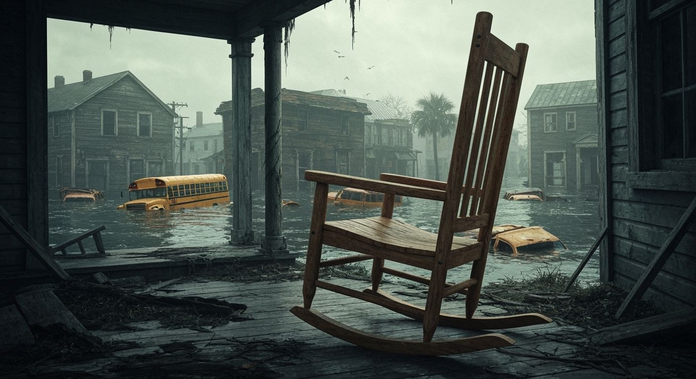 Rocking Chair Amidst Tsunami Flood Water in Dystopian Style