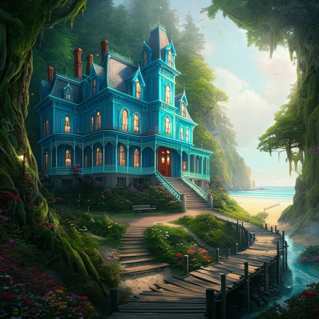 Resplendent Lightblue Victorian Mansion Amidst Enchanted For...