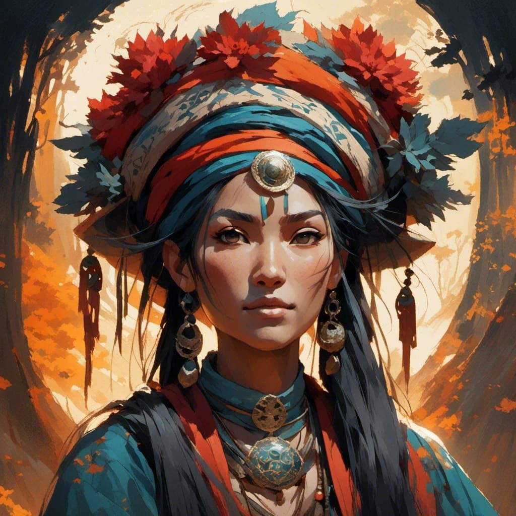 Tribal Woman in Folk Art Style