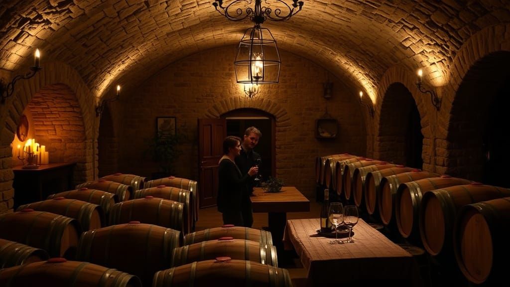 Surreal Wine Cellar Scene in Muted Colors