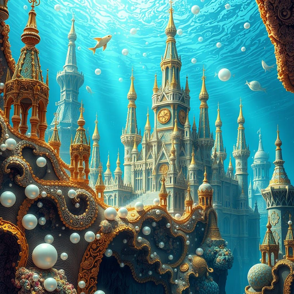 Shimmering Underwater Palace in Futuristic Digital Art Style