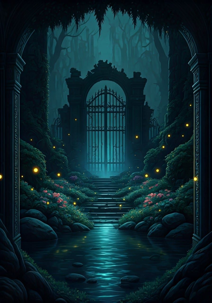 Mysterious, Twilight Garden on the Edge of a Serene Lake