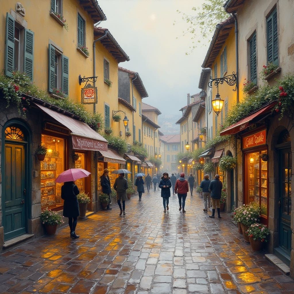 European Town Street After Rain in Impressionist Style