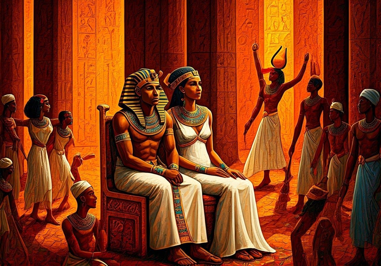 Regal Pharaoh and Queen in Folk Art Style