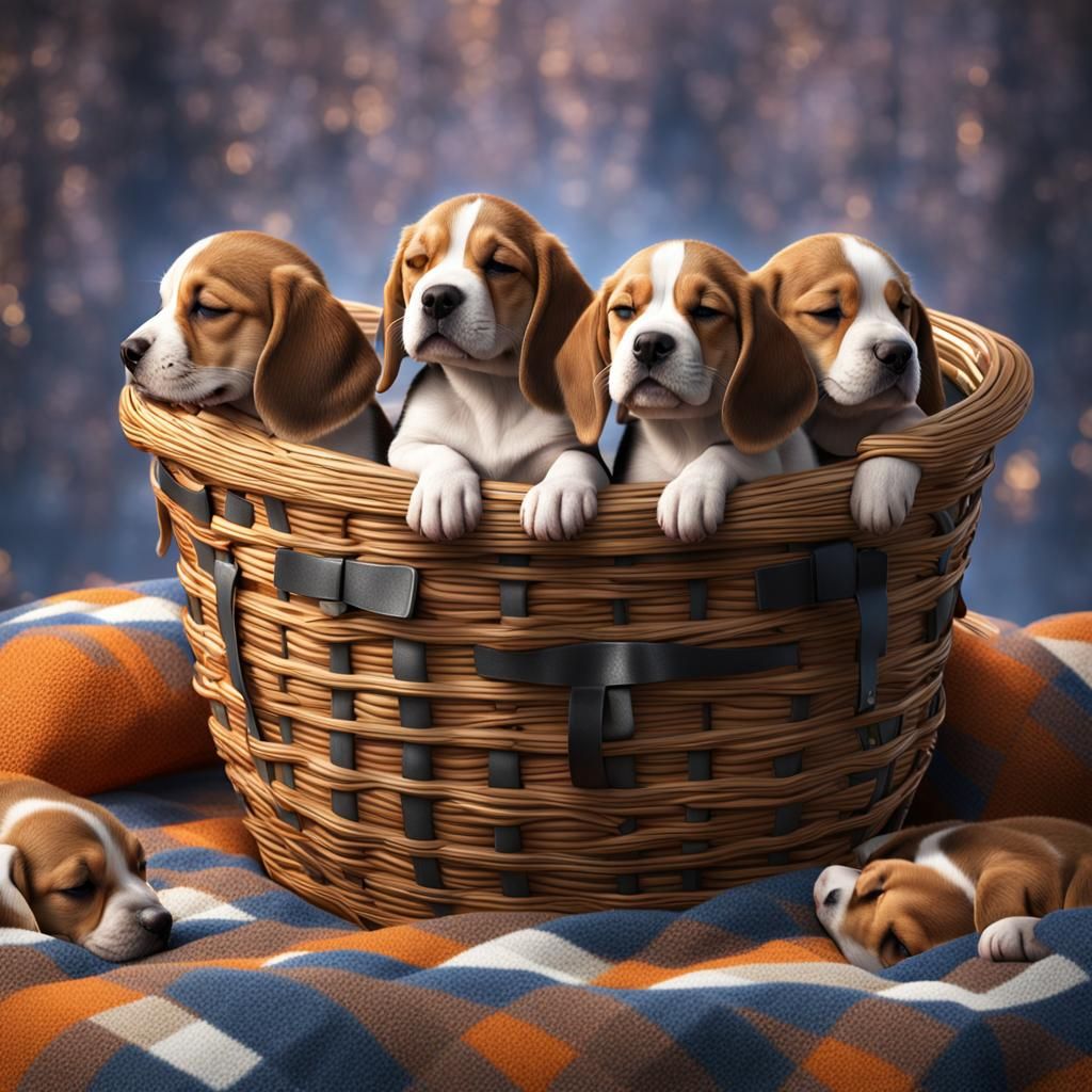 Beagle Puppies Asleep in Basket: Fantasy Art