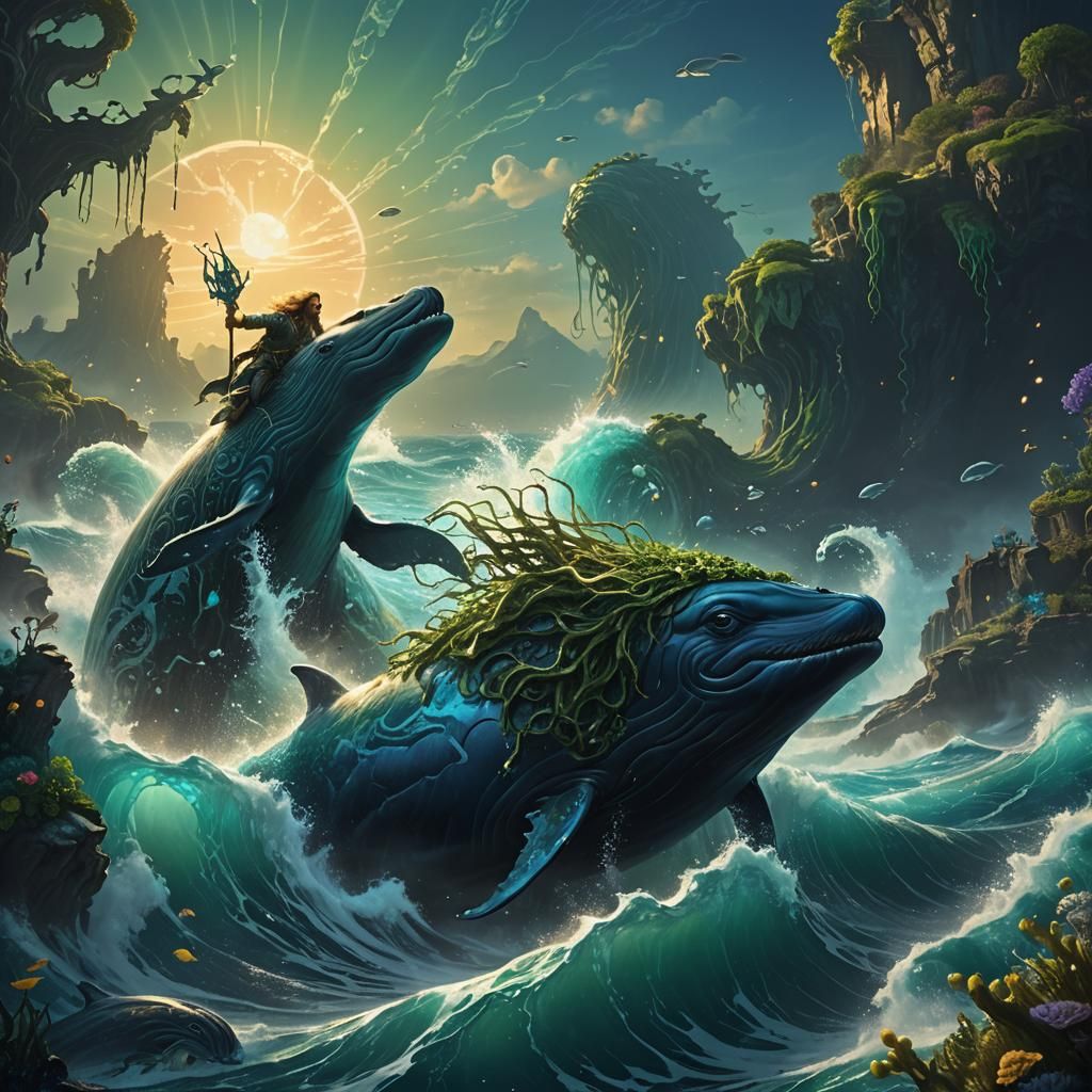 Poseidon Rides a Whale in Bioluminescent Ocean