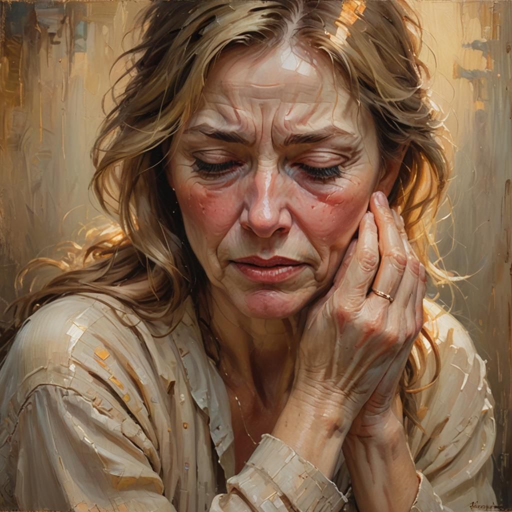 Weeping Woman Portrait in Impressionist Oil Painting
