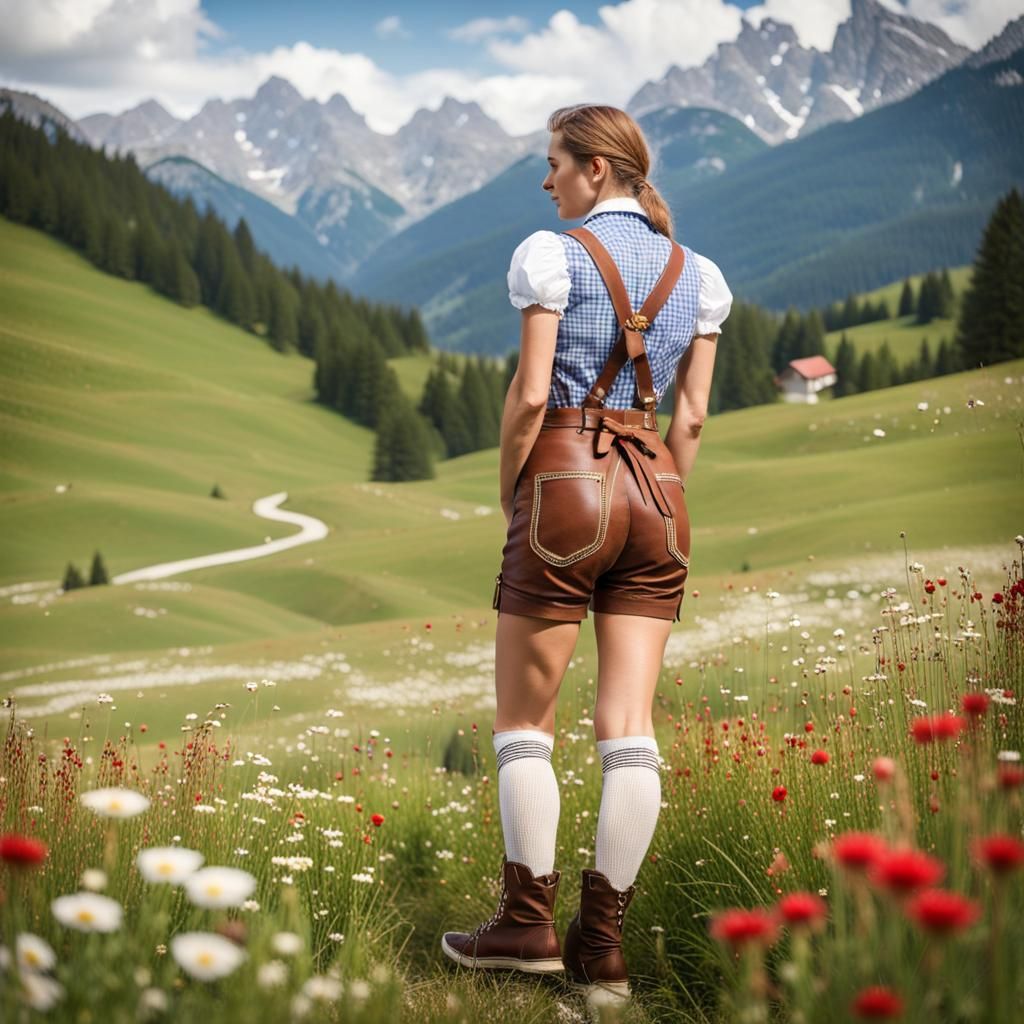Women in the Alps of Austria, wears a Bavarian traditonal Lederhosen made of natural smooth leather.