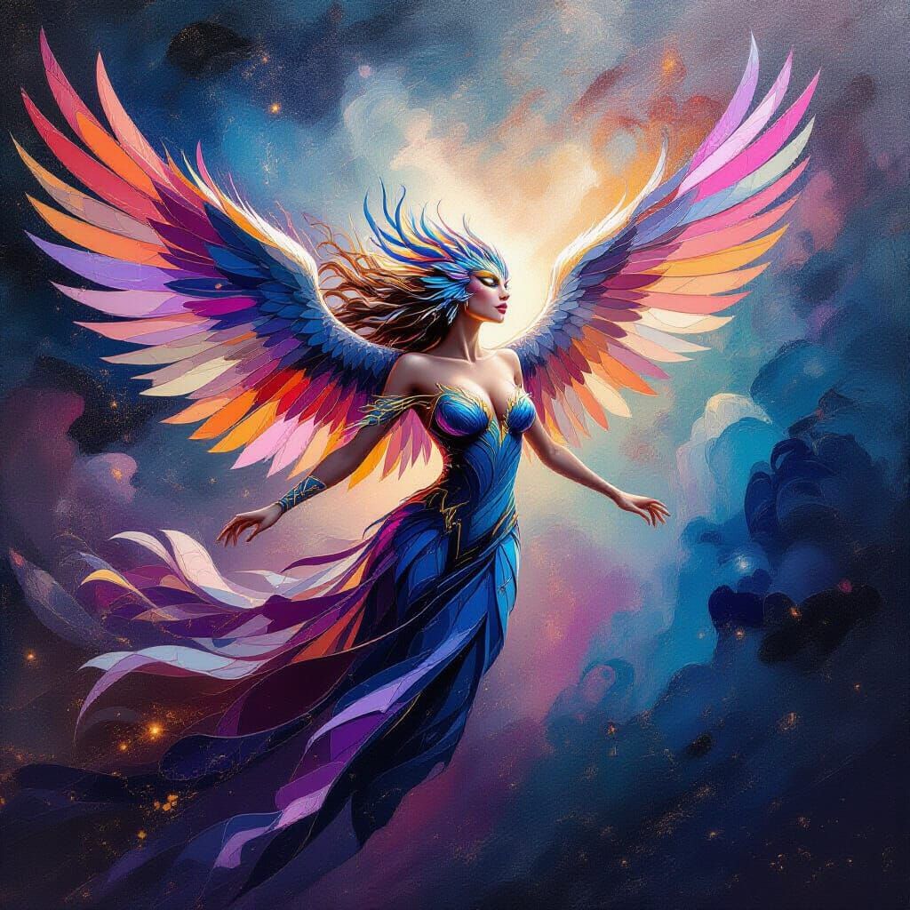 Majestic Griffin Woman Soaring Through Cosmic Nebula