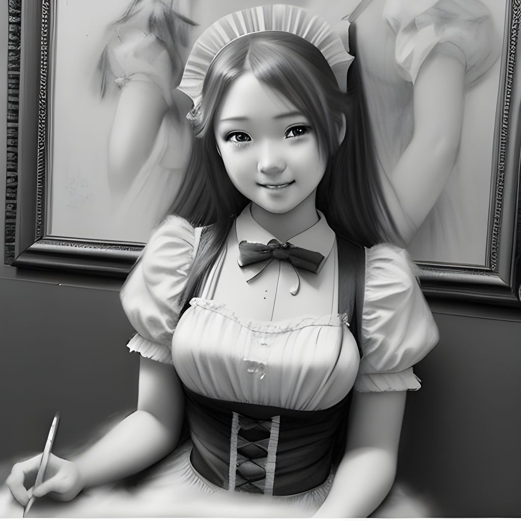 Anime Maid Cafe in Charcoal Drawing Style