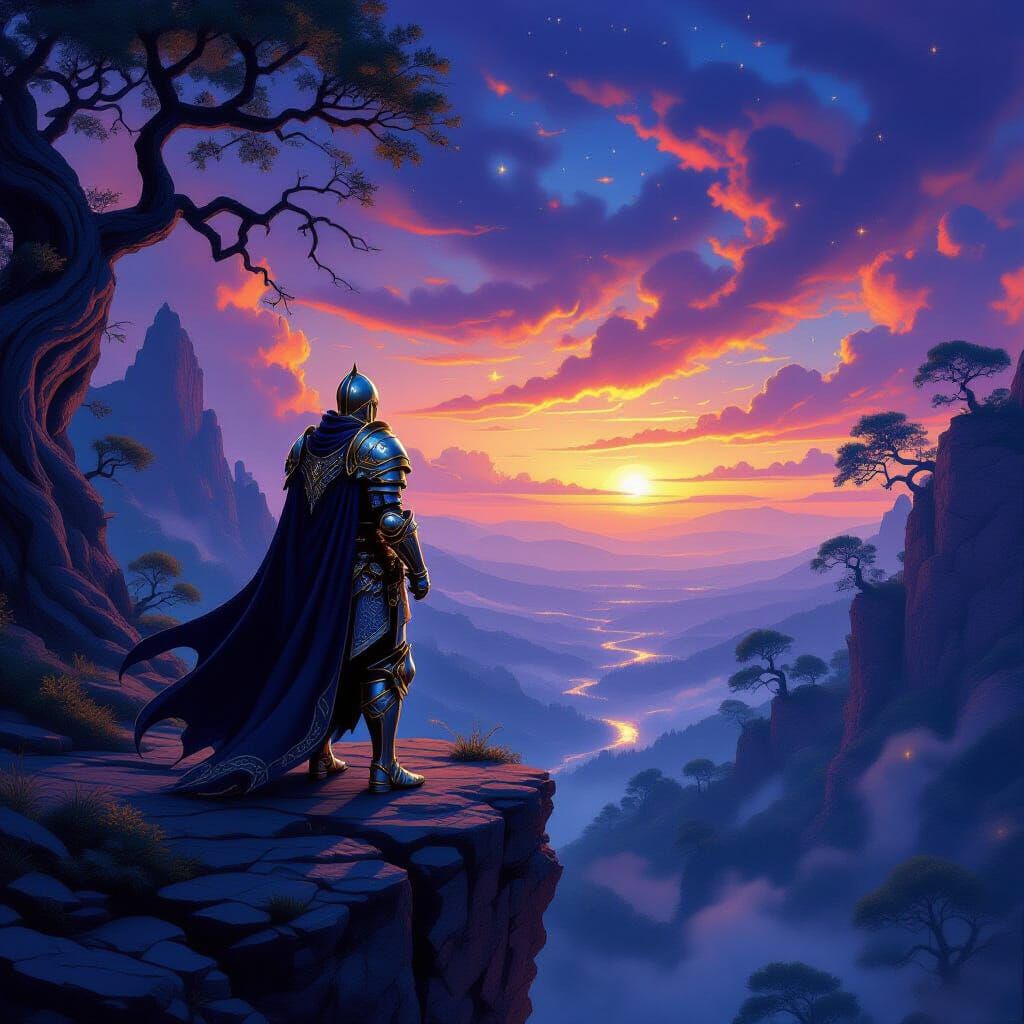 Knight on Cliff Overlooking Enchanted Forest in Twilight