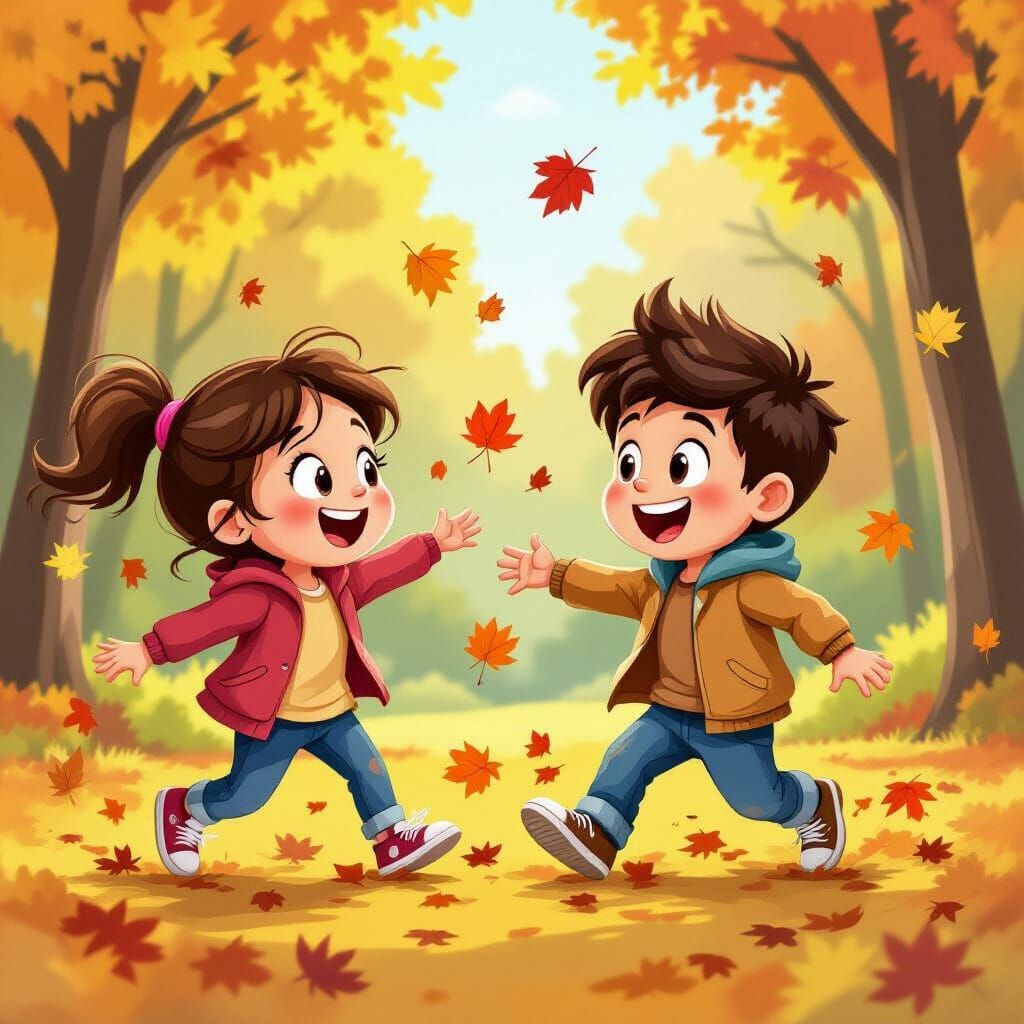Whimsical Caricature of Kids Playing in Autumn Leaves