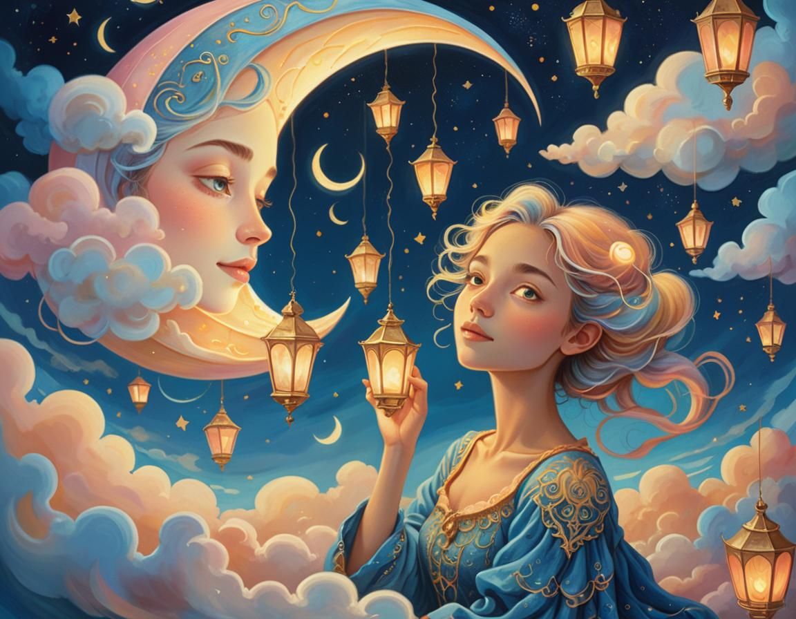 Dreamer in Surreal Landscape: Dixit Illustration