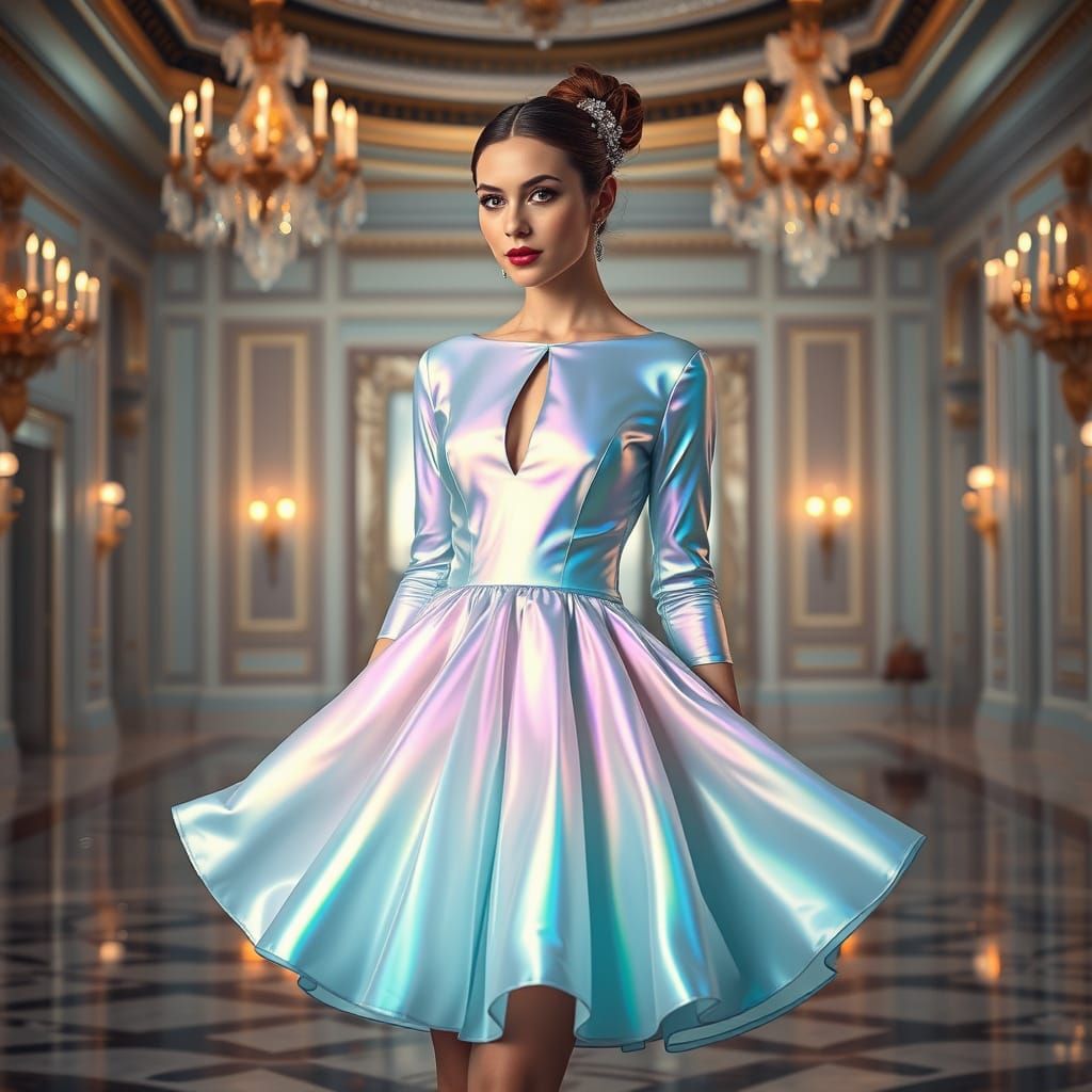 Woman in Iridescent Dreamlike Ballgown with Whimsical Hairpi...