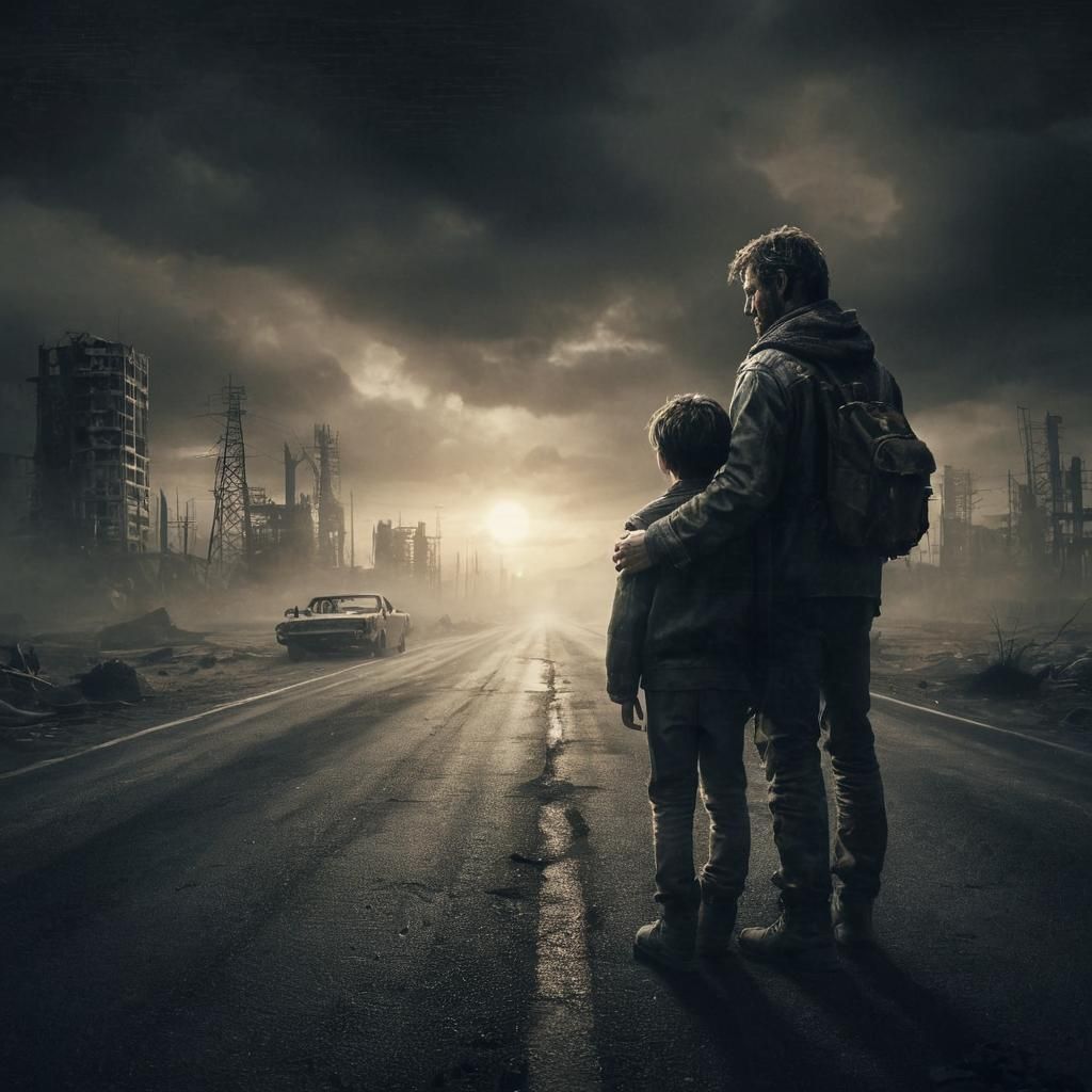 On the road: close-up of father and son, post-apocalyptic, l...