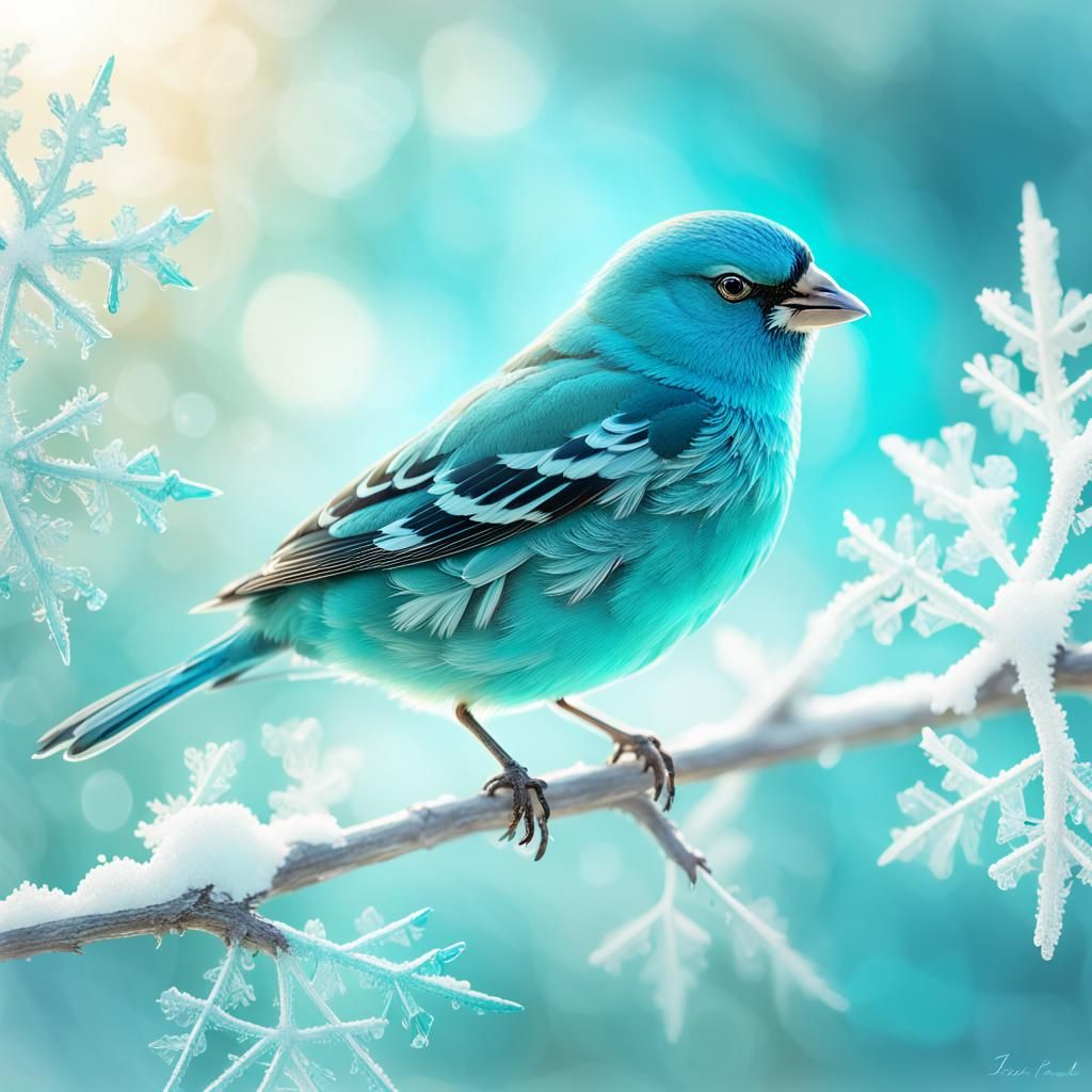 Turquoise Finch on Snowflake in Dreamlike Digital Art