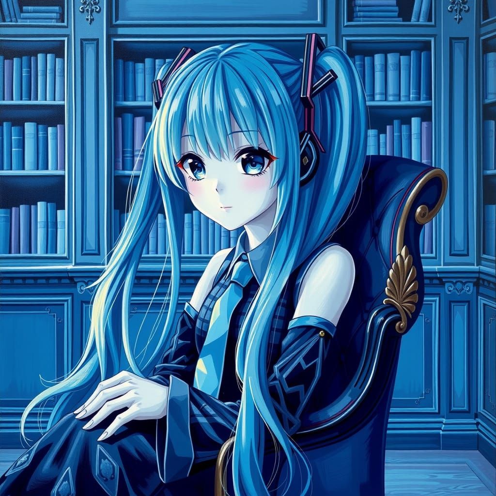 Hatsune Miku Portrait in Blue Tones as Oil Painting