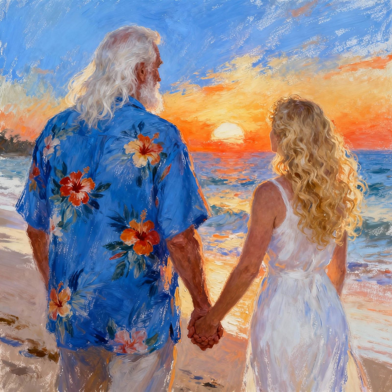 Elderly Couple Holds Hands on Beach at Sunset