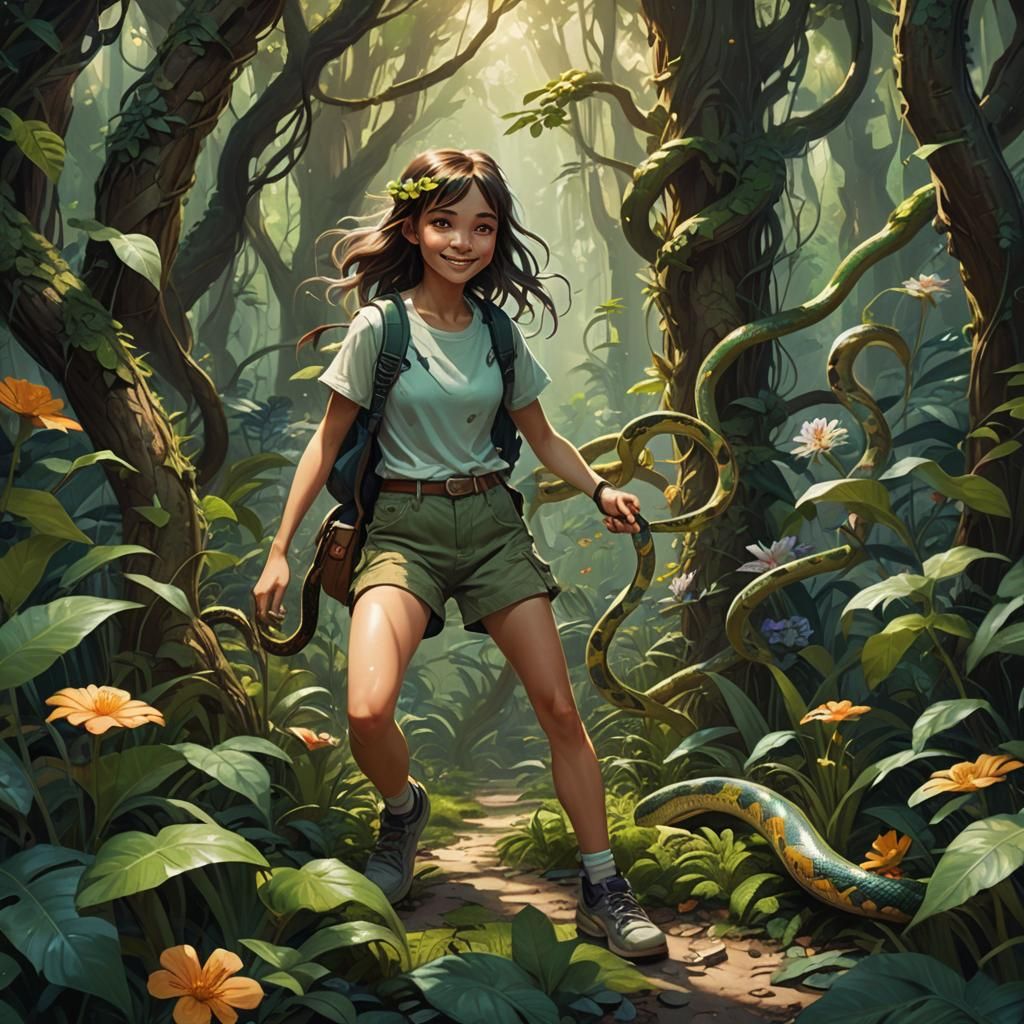 Smiling Girl in Overgrown Forest Picking Flowers