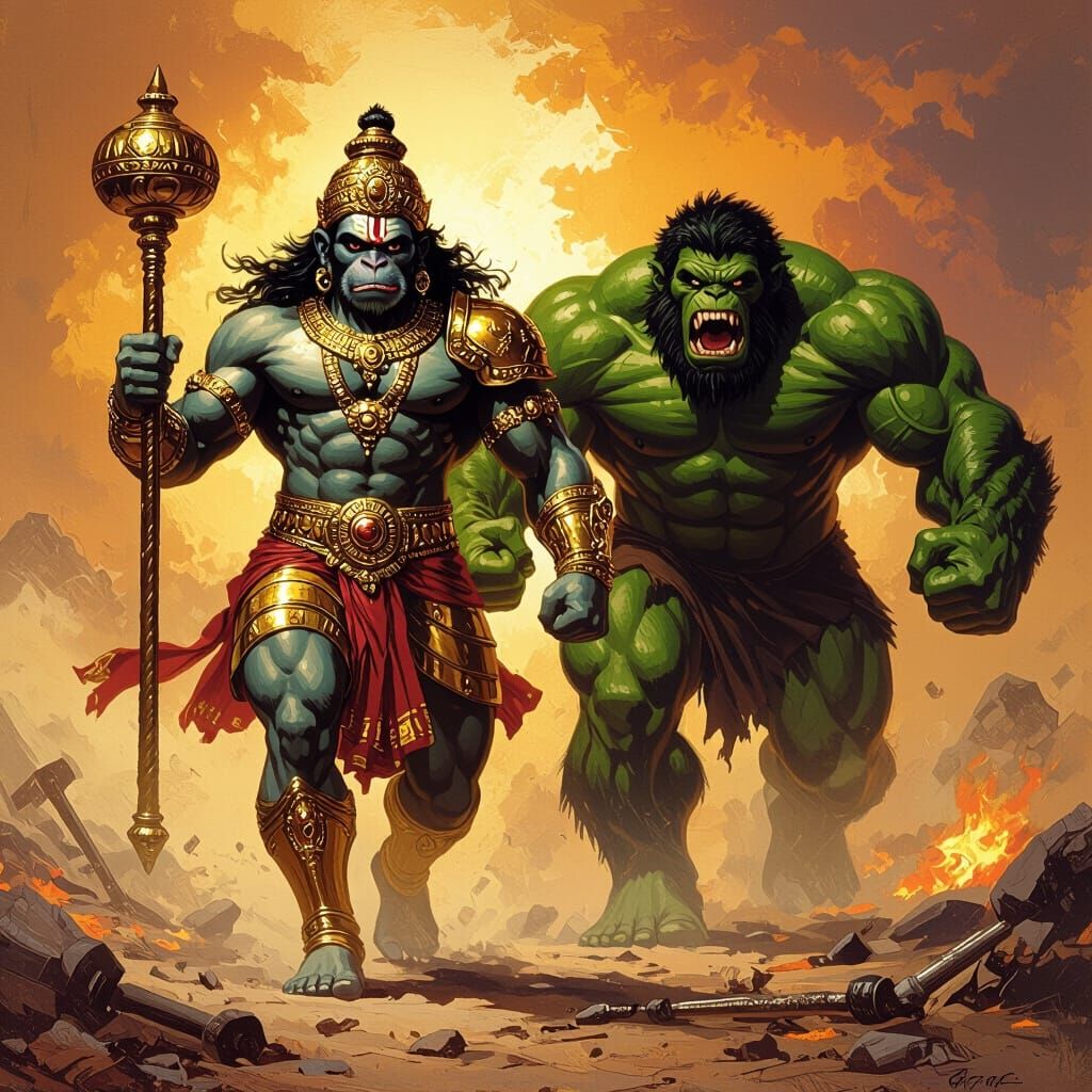 Golden Hanuman Ji with Hulk-like Monkey in Fiery Landscape