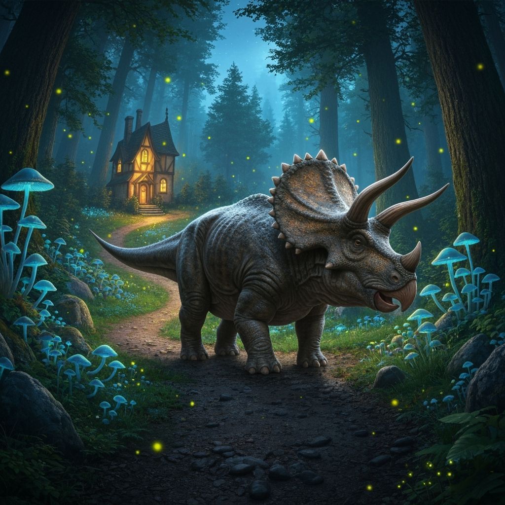 Triceratops in Bioluminescent Fairytale Forest at Night