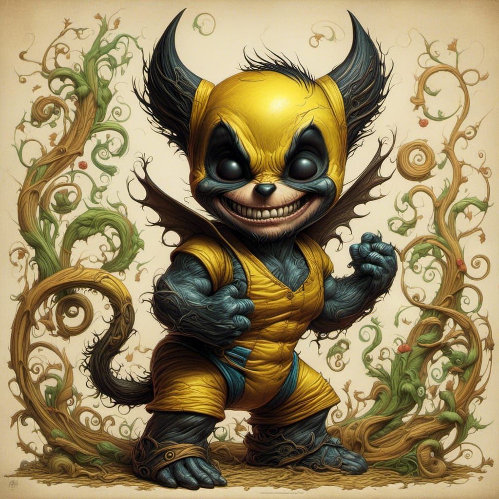 Vibrant Wolverine Baby in Whimsical Dark Fantasy Art
