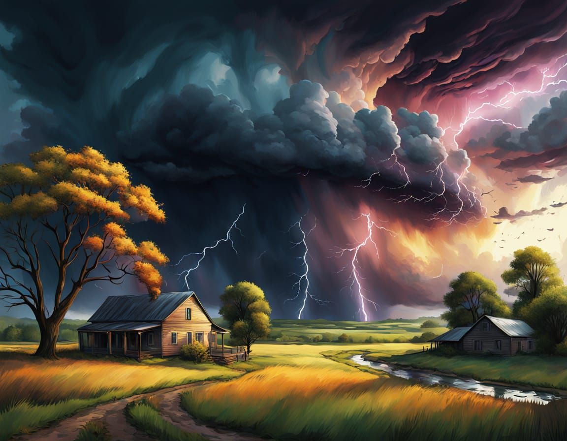 Hurricane Sweeping Countryside in Vibrant Expressionism