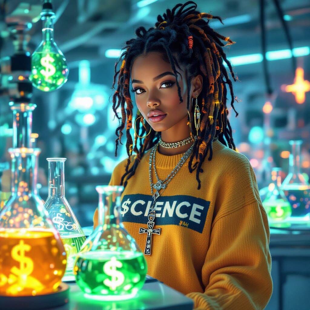 Black Woman in Futuristic Science Lab with Glowing Beakers
