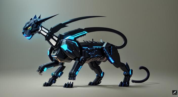 Cybernetic Panther Prowling Dark Metropolis, Digital Art