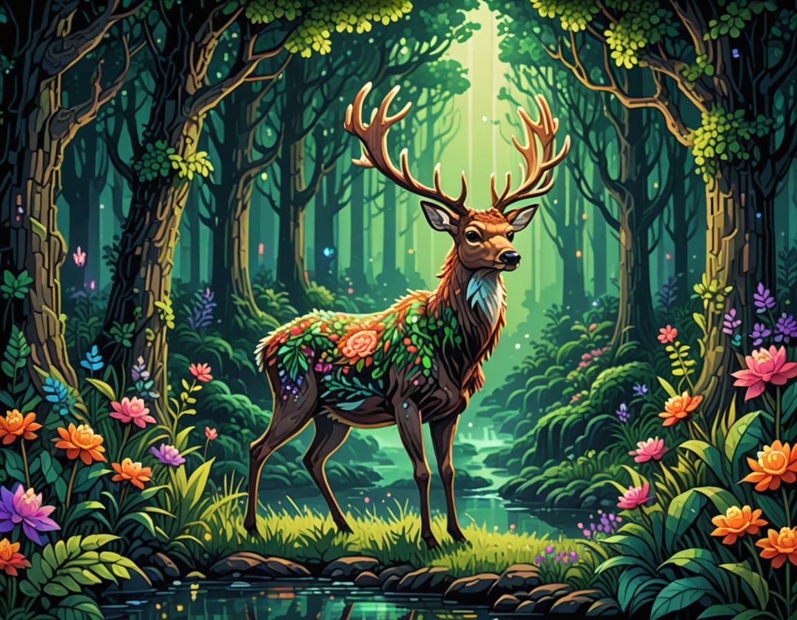 Mystical Deer Guiding Travelers in 8-Bit Forest