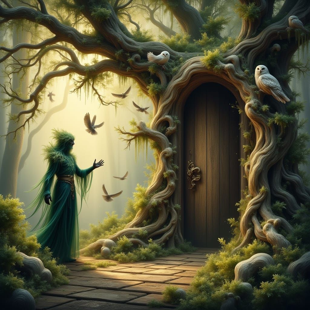 Mystical Forest Encounter in Vibrant Street Art Style